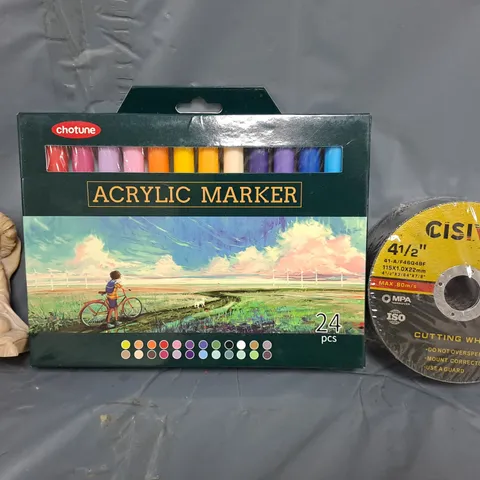 APPROXIMATELY 10 ASSORTED HOUSEHOLD ITEMS TO INCLUDE CISIVIS CUTTING WHEEL, ACRYLIC MARKERS, ETC