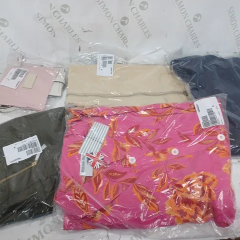 LARGE BOX OF ASSORTED CLOTHING ITEMS TOO INCLUDE TOPS , TROUSERS AND BAGS COMING IN DIFFERENT COLOURS AND SIZES 
