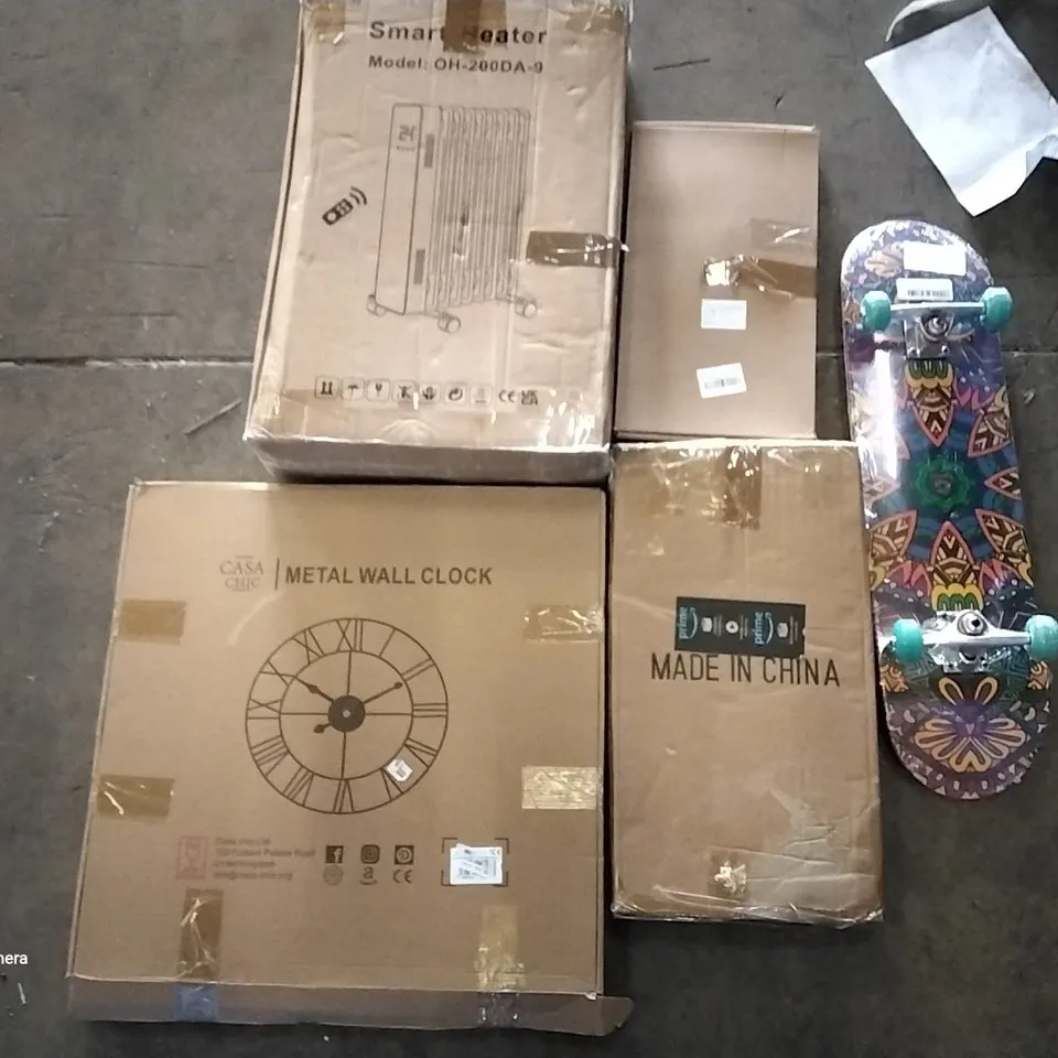 PALLET OF ASSORTED ITEMS INCLUDING CASA CHIC METAL WALL CLOCK, SMART HEATER, GONEX SKATEBOARD, STEAM CLEANER, LED GROW LIGHT,