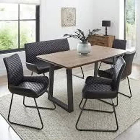 BOXED BRONX 160cm WALNUT DINING TABLE + 1 BLACK FAUX LEATHER BENCH AND 4 CHAIRS - BLACK/WALNUT (3 BOXES)