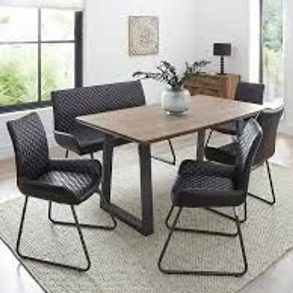 BOXED BRONX 160cm WALNUT DINING TABLE + 1 BLACK FAUX LEATHER BENCH AND 4 CHAIRS - BLACK/WALNUT (3 BOXES) RRP £899