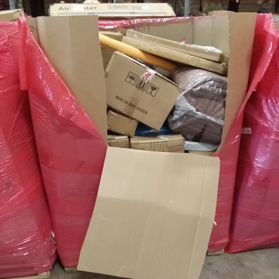 PALLET OF ASSORTED HOUSEHOLD GOODS & PRODUCTS TO INCLUDE; INDOOR INSECT KILLER, CHAIR SUPPORT CUSHION, BOXED FURNITURE ETC 