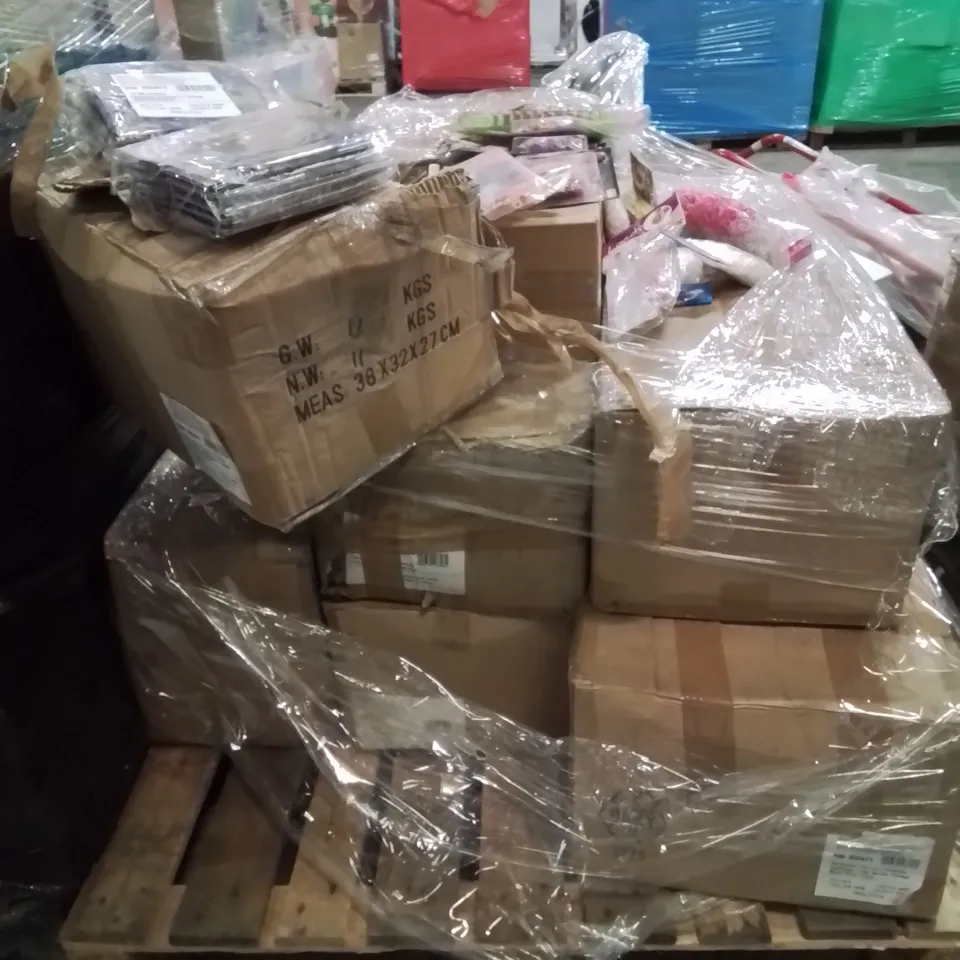 PALLET CONTAINING LOTS OF BRAND NEW PARTY DECORATIONS BANNERS, LOOM BANDS ETC.