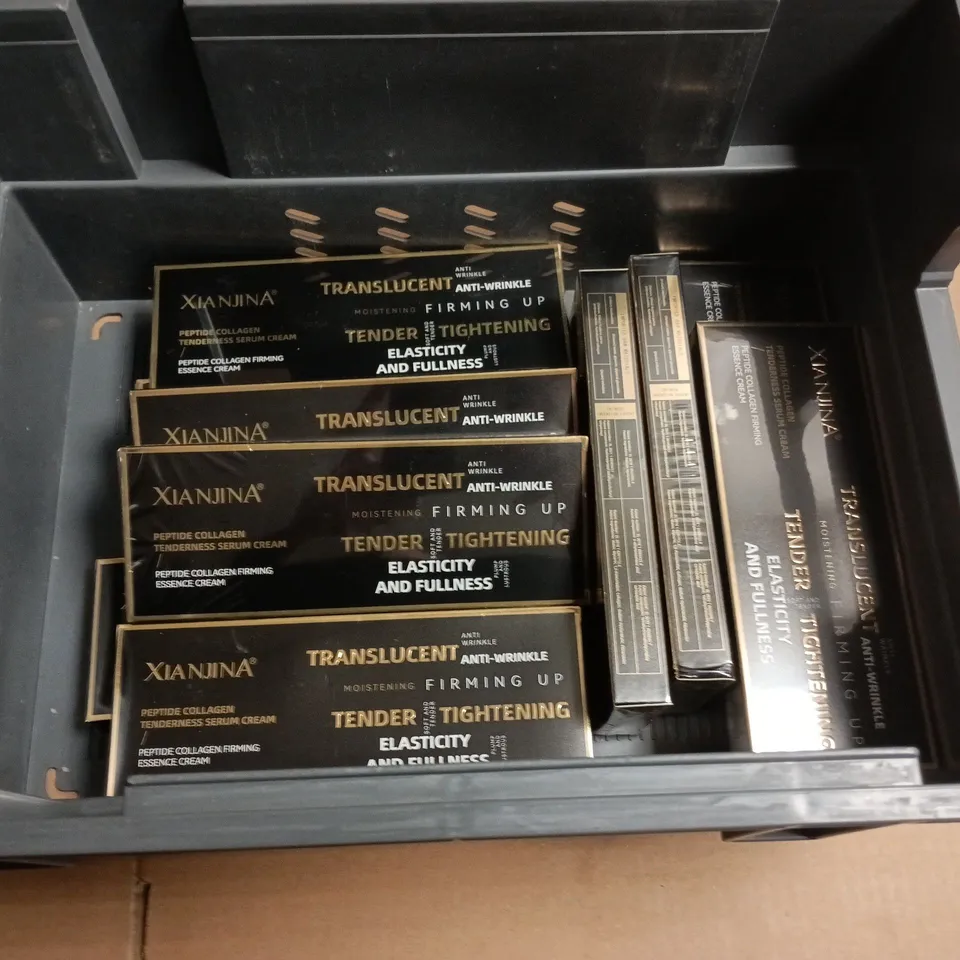 TOTE OF APPROXIMATELY 10 SEALED XIANJINA PEPTIDE COLLAGEN TENDERNESS SERUM CREAM & FIRMING ESSENCE CREAM – TRANSLUCENT ANTI-WRINKLE SKINCARE BOX 