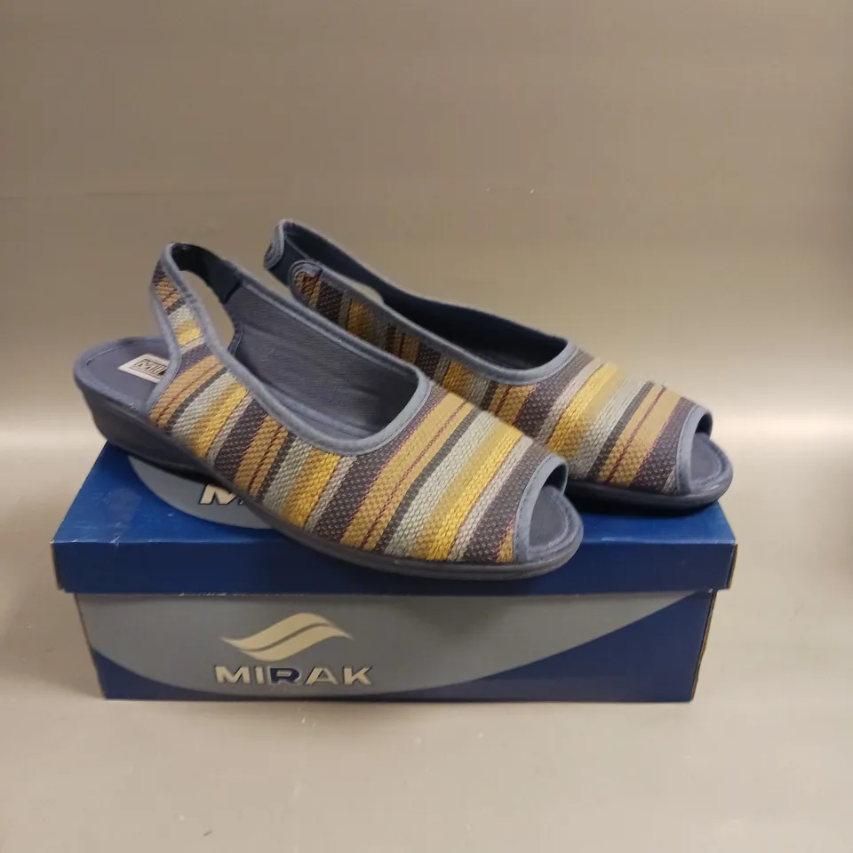 BOXED PAIR OF MIRAK CLASSIC CARLA OPEN TOE SHOES IN BLUE - 7.5