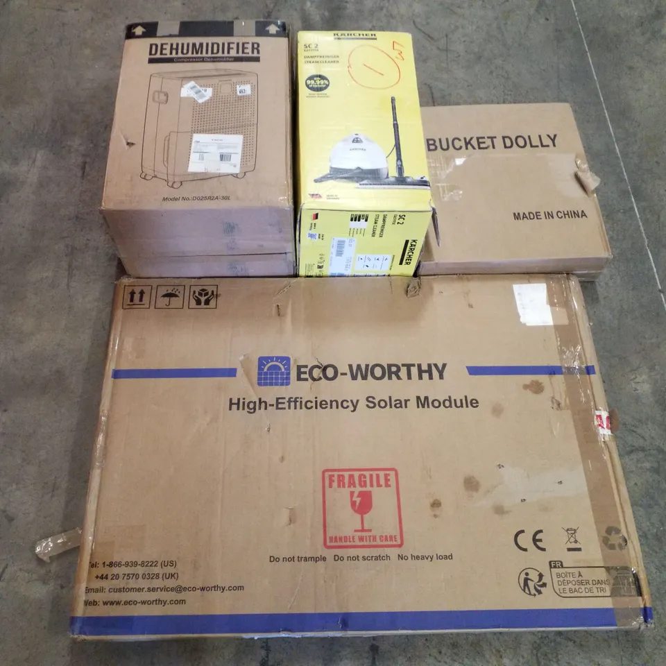 PALLET CONTAINING ASSORTED PRODUCTS INCLUDING DEHUMIDIFIER, HIGH-EFFICIENCY SOLAR MODULE, STEAM CLEANER, BUCKET DOLLY