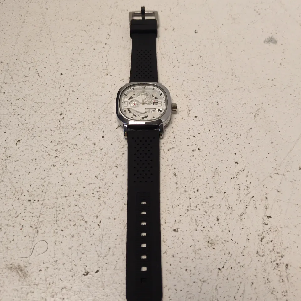 LEE COOPER LONDON SKELETON DIAL WRISTWATCH – STAINLESS STEEL CASE, BLACK RUBBER STRAP