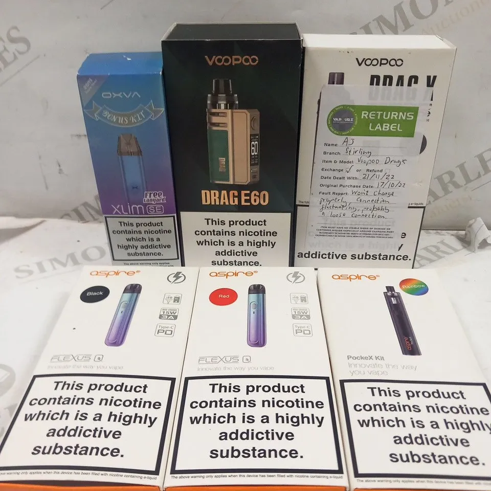 6 ASSORTED BOXED VAPING PRODUCTS TO INCLUDE; VOOPOO, OXVA AND ASPIRE