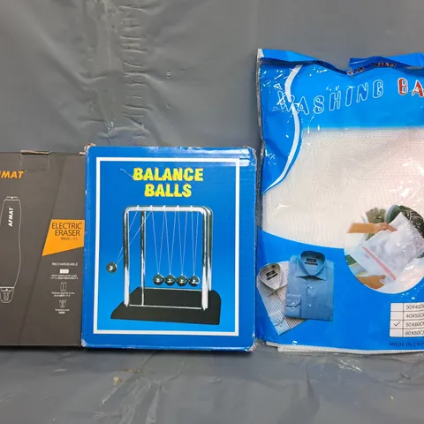 APPROXIMATELY 8 ASSORTED HOUSEHOLD ITEMS TO INCLUDE WASHING BAG, BALANCE BALLS, ELECTRIC ERASER, ETC