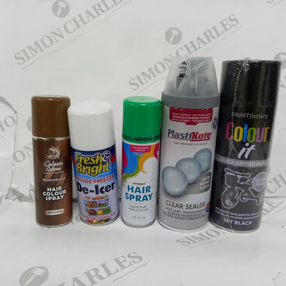 BOX OF APPROX 15 ASSORTED AEROSOLS TO INCLUDE - HAIR SPRAY - DE-ICER - COLOUR IT QUICK DRYING PAINT ECT