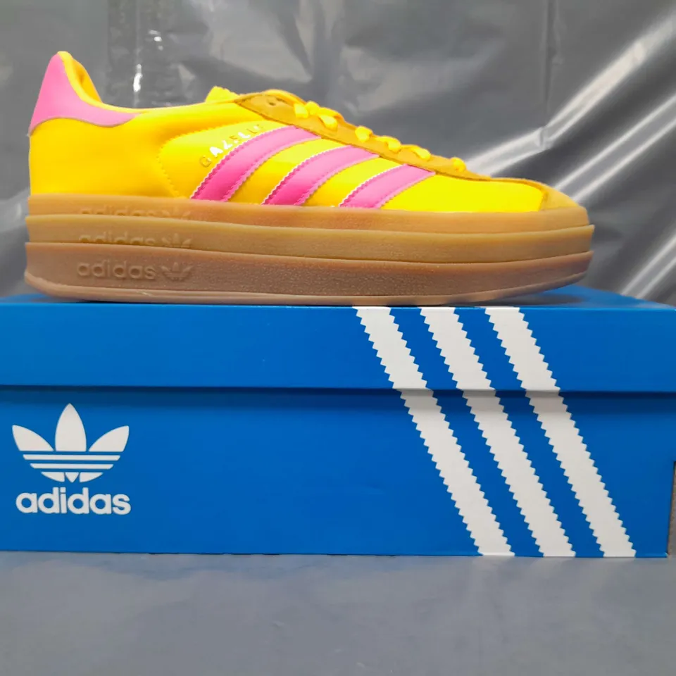 BOXED PAIR OF ADIDAS GAZELLE BOLD IN YELLOW/PINK UK SIZE 6.5