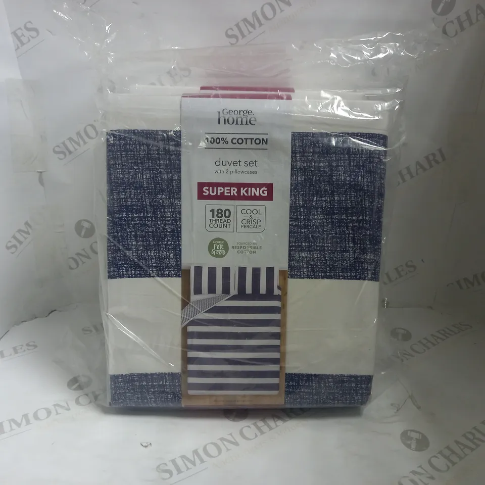 BOX OF 2 SUPER KING GEORGE HOME 100% COTTON DUVET SETS - BLUE/WHITE