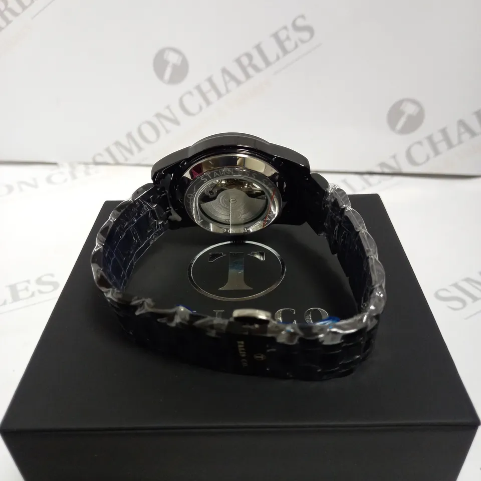 MEN’S TALIS CO 7820 AUTOMATIC WATCH – BLACK SKELETON DIAL AND CASE – STAINLESS STEEL STRAP – GLASS BACKCASE.