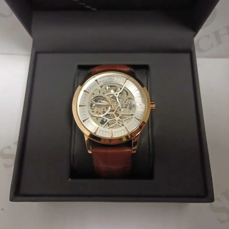 MENS ZIHLMANN & CO AUTOMATIC WATCH - Z210 – SKELETON DIAL – GOLD COLOUR CASE – GENUINE LEATHER CASE – HAND ASSEMBLED 