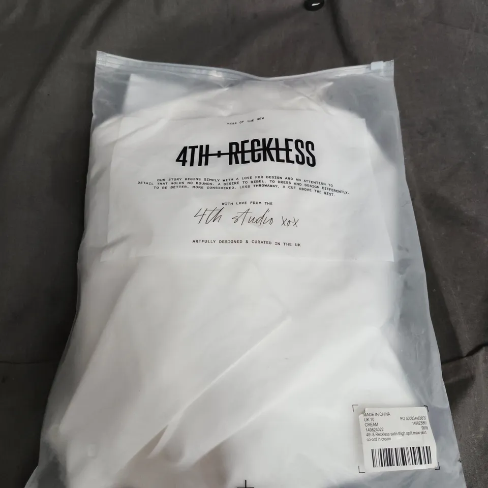 4TH & RECKLESS SATIN THIGH-SPLIT MAXI SKIRT – CREAM, UK 10