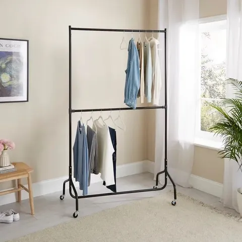 BOXED 2 TIER CLOTHES RAIL ON WHEELS - BLACK (1 BOX)