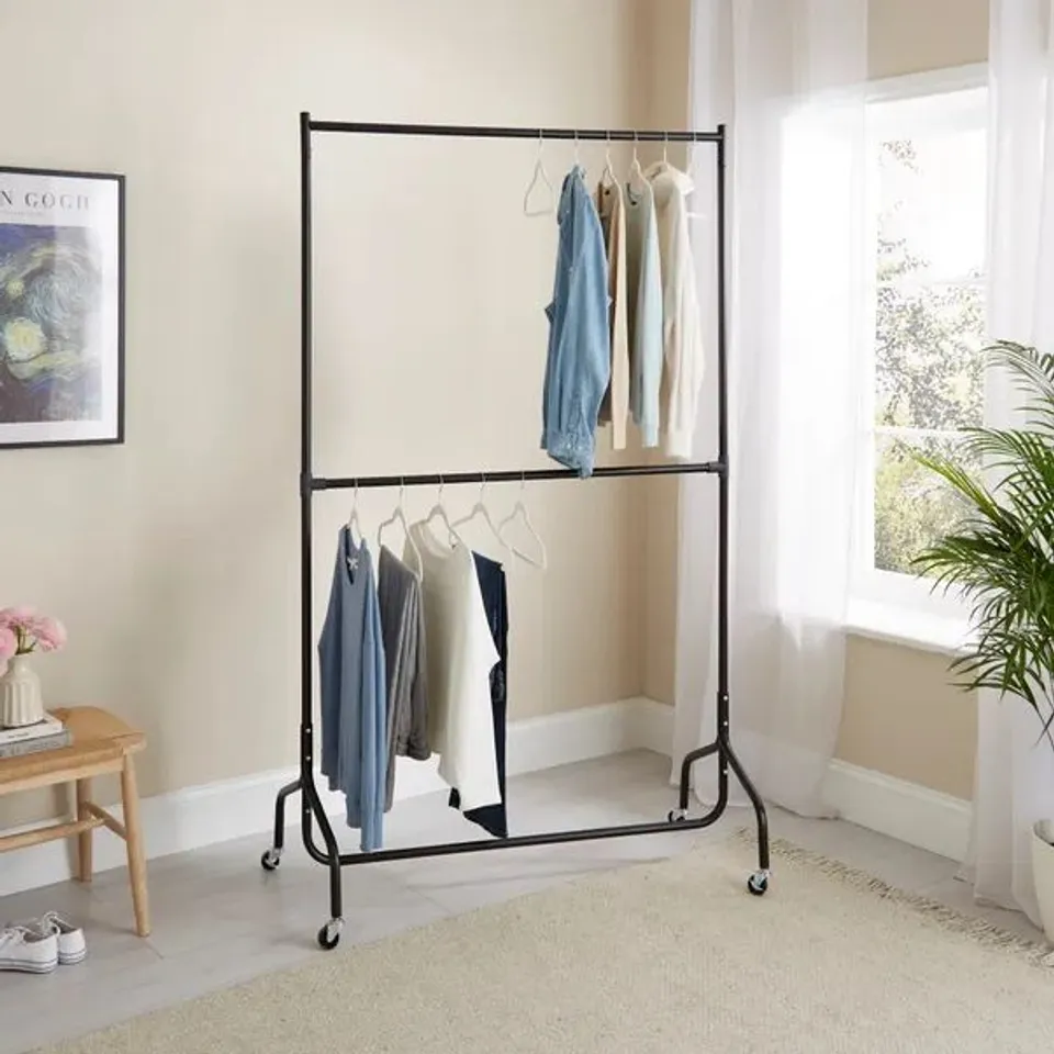BOXED 2 TIER CLOTHES RAIL ON WHEELS - BLACK (1 BOX)