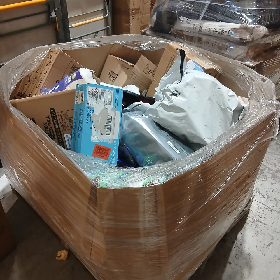 PALLET OF ASSORTED PRODUCTS TO INCLUDE; ANDREX TOILET ROLL, HONEYWELL HOME T6 SMART THERMOSTAT, VILEDA SPIN AND CLEAN, FLASH SPEED MOP, GILETTE MACH 3 , SPONTEX AQUA REVOLUTION, HARMONY PLUS PROFESSIO