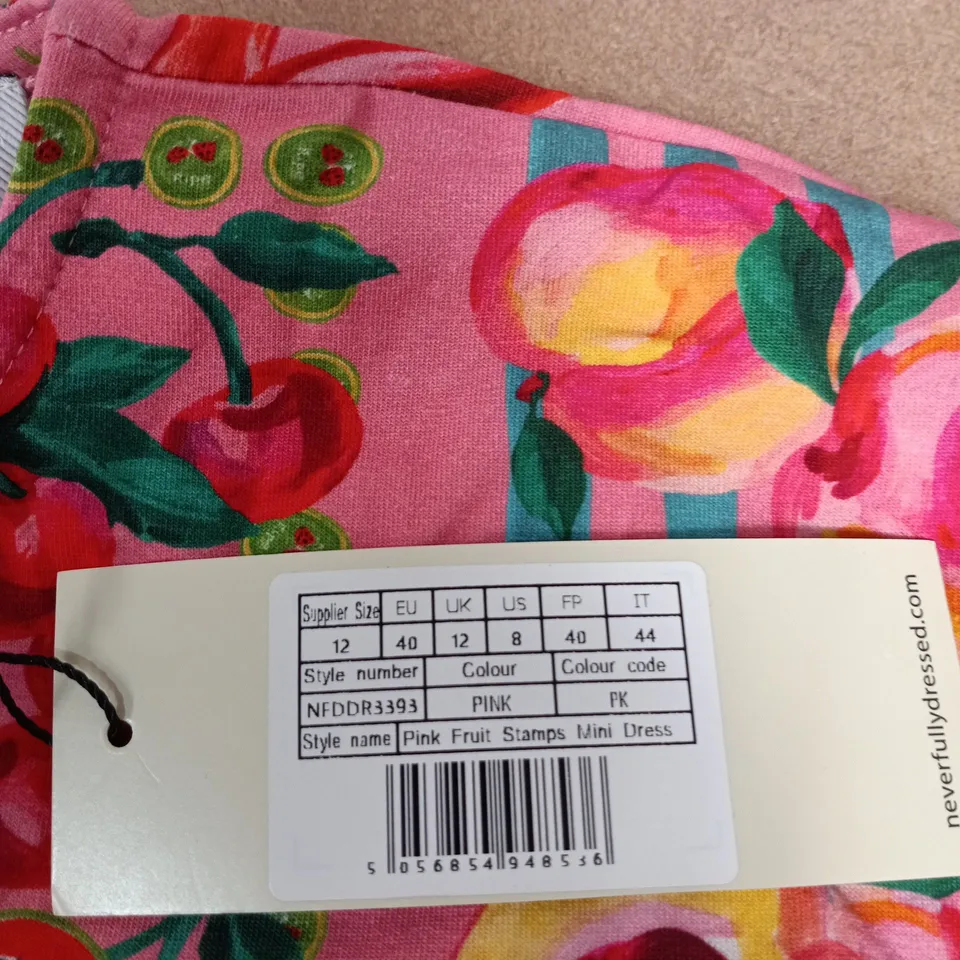 NEVER FULLY DRESSED PINK FRUIT STAMPS MINI DRESS – UK 12 (EU 40) MADE IN CHINA