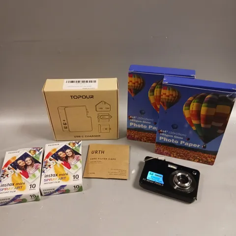 APPROXIMATELY 10 ASSORTED CAMERA PRODUCTS/ACCESSORIES TO INCLUDE DIGITAL CAMERA, PHOTO PAPER, LENS FILTER CAPS ETC