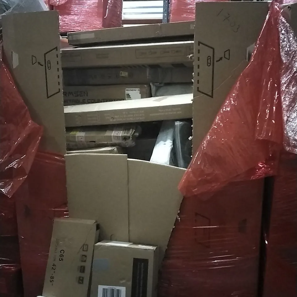 PALLET OF HOUSEHOLD ITEMS TO INCLUDE BODY SHOWER BRUSH, TV WALL MOUNT, PROFESSIONAL MOUSE PAD, HIGH DEFINITION HOME GAMING MACHINE AND OTHER ASSORTED ITEMS...