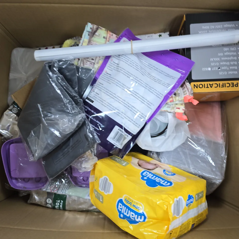 APPROXIMATELY 20 ASSORTED HOUSEHOLD PRODUCTS TO INCLUDE MAMIA NEW BABY BOTTOMS, SILICA GEL, G125 BULB, ETC