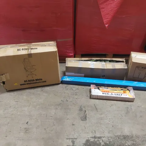 PALLET OF ASSORTED ITEMS INCLUDING: OFFICE CHAIR, TOWEL WARMER, BUG-A-SALT GUN, LED AQUARIUM LIGHT, ARTIFICIAL TREE ECT