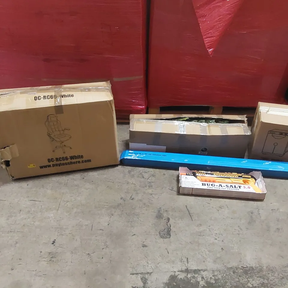 PALLET OF ASSORTED ITEMS INCLUDING: OFFICE CHAIR, TOWEL WARMER, BUG-A-SALT GUN, LED AQUARIUM LIGHT, ARTIFICIAL TREE ECT