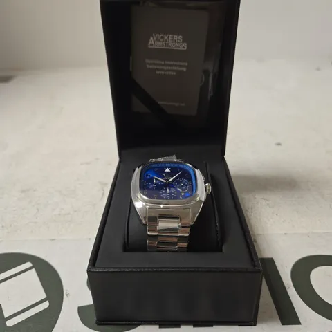 VICKERS ARMSTRONGS WATCH – STAINLESS STEEL, BLUE CHRONOGRAPH DIAL, BOXED