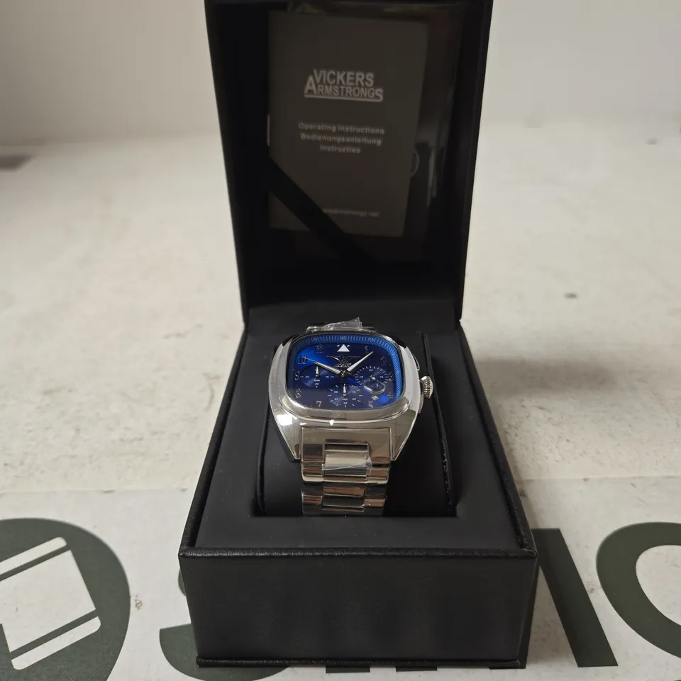 VICKERS ARMSTRONGS WATCH – STAINLESS STEEL, BLUE CHRONOGRAPH DIAL, BOXED