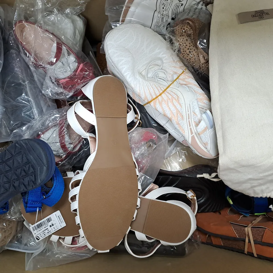 BOX OF APPROXIMATELY 15 ASSORTED PAIRS OF SHOES AND FOOTWEAR ITEMS IN VARIOUS COLOURS, STYLES, AND SIZES - COLLECTION ONLY