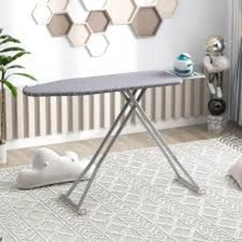 BOXED IRONING BOARD WITH IRON REST AND REMOVABLE SILVER-COATED COVER