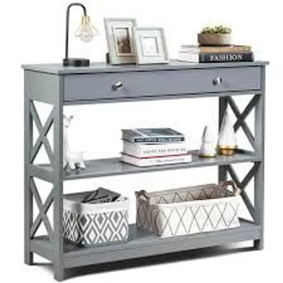 BOXED COSTWAY GRAY HEAVY DUTY 3-TIER MDF WIRE SHELVING UNIT ENTRYWAY TABLE 