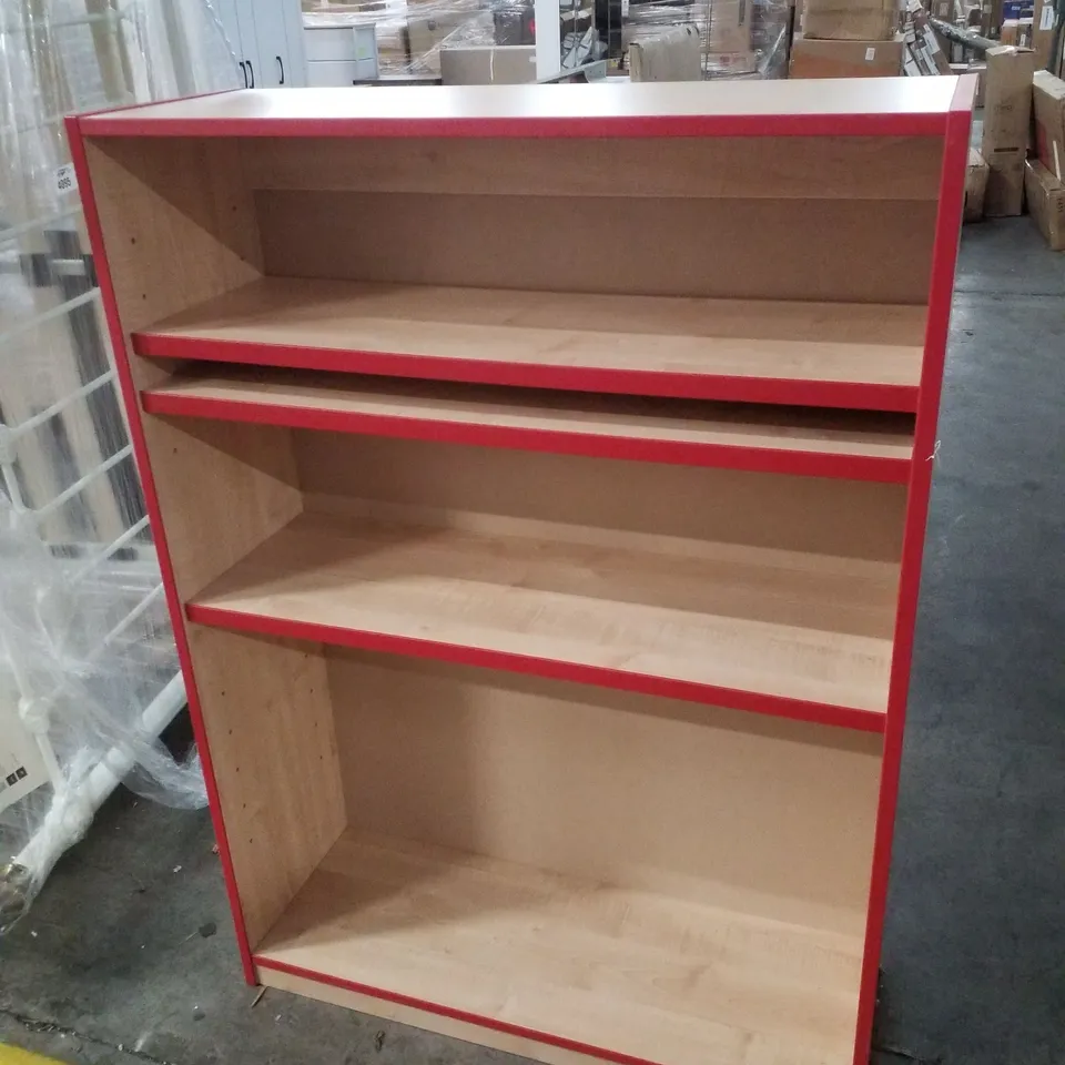 OPEN BOOKCASE WITH 1 FIXED & 2 ADJUSTABLE SHELVES & RED EDGING 900×320×1250MM