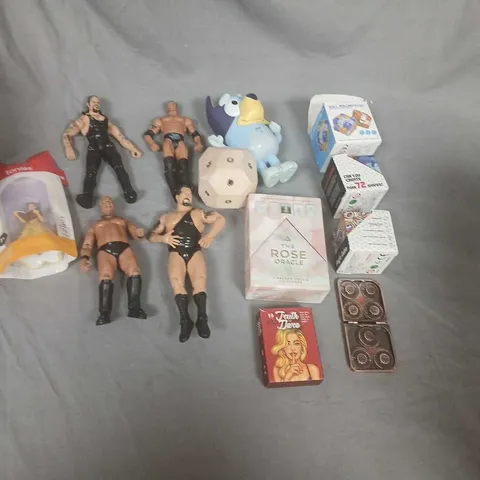 ASSORTED ACTION FIGURES AND TOY COLLECTION INCLUDING WRESTLERS, BLUE BIRD FIGURE, DICE AND THE ROSE ORACLE BOX