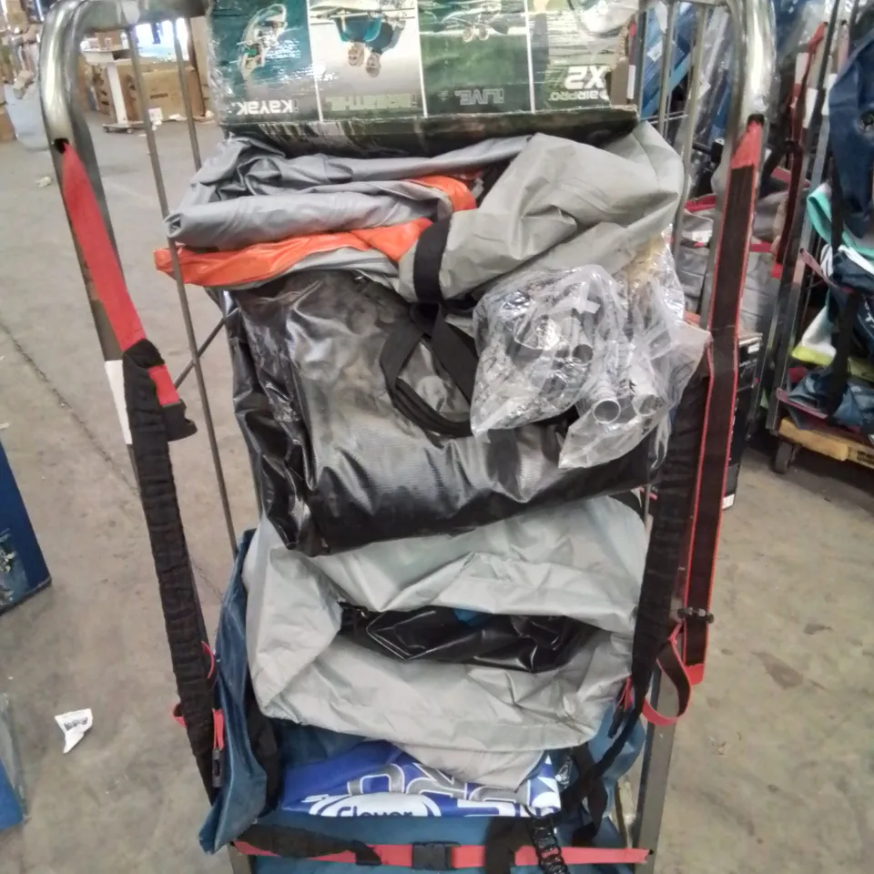 CAGE OF UNTESTED ASSORTED INFLATABLE KAYAKS AND ACCESSORIES 
