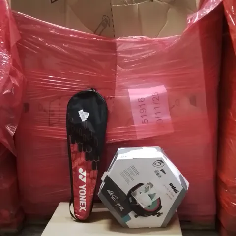 PALLET OF ASSORTED HOUSEHOLD GOODS AND PRODUCTS TO INCLUDE;SEWING MACHINE,BADMINTON RACKET,CEILING FAN