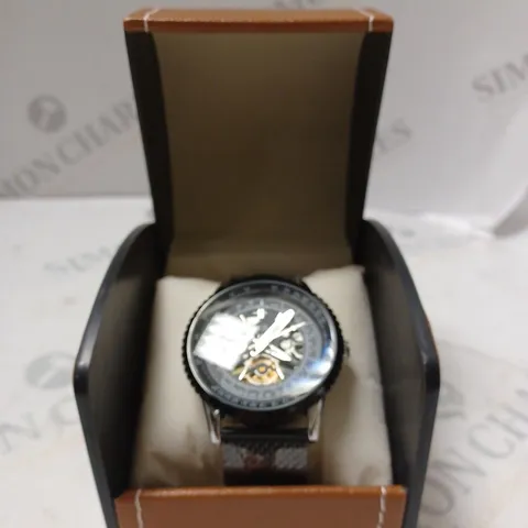 MENβS LA BANUS SKELETON DIAL WATCH WITH SHARK MESH - STAINLESS STEEL STRAP - BLACK COLOUR
