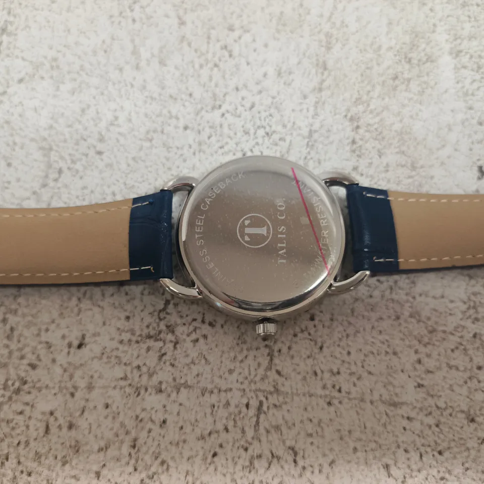 TALIS CO STAINLESS STEEL WATCH WITH BLUE DIAL AND BLUE LEATHER STRAP – BOXED