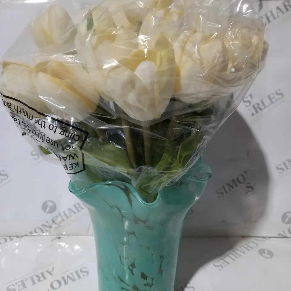 BOXED JM BY JULIEN MACDONALD REAL TOUCH TULIPS IN CONFETTI HANDKERCHIEF VASE
