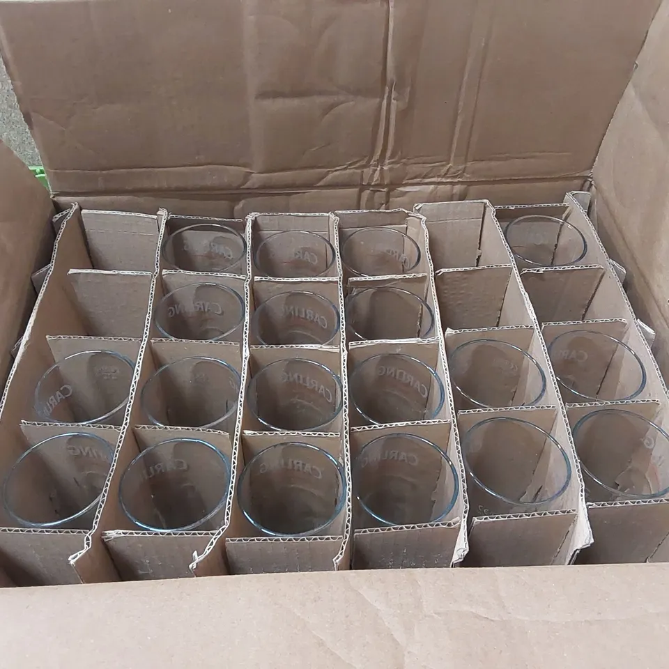 BOX OF APPROXIMATELY 19x CARLING NUCLEATED HALF PINT GLASSES