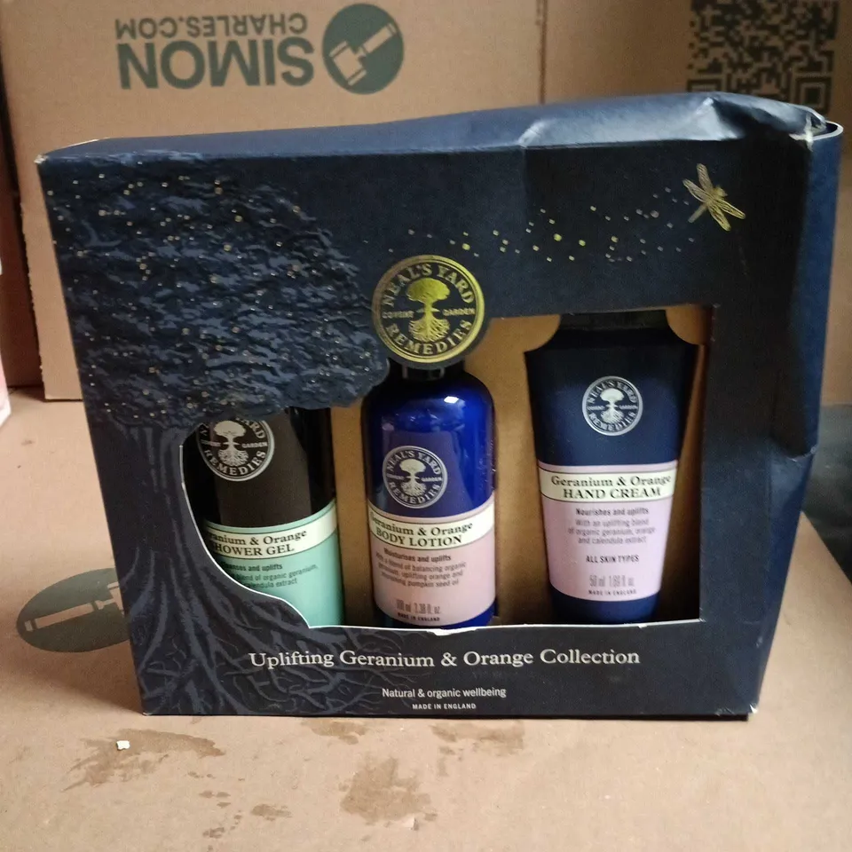 NEAL'S YARD REMEDIES GERANIUM & ORANGE COLLECTION GIFT SET – SHOWER GEL, BODY LOTION & HAND CREAM
