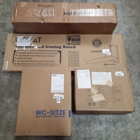PALLET CONTAINING ASSORTED PRODUCTS INCLUDING PLAYPEN, WALL MOUNTED IRONING BOARD, TOILET SEAT & 6 SLATE SERVING PLATES