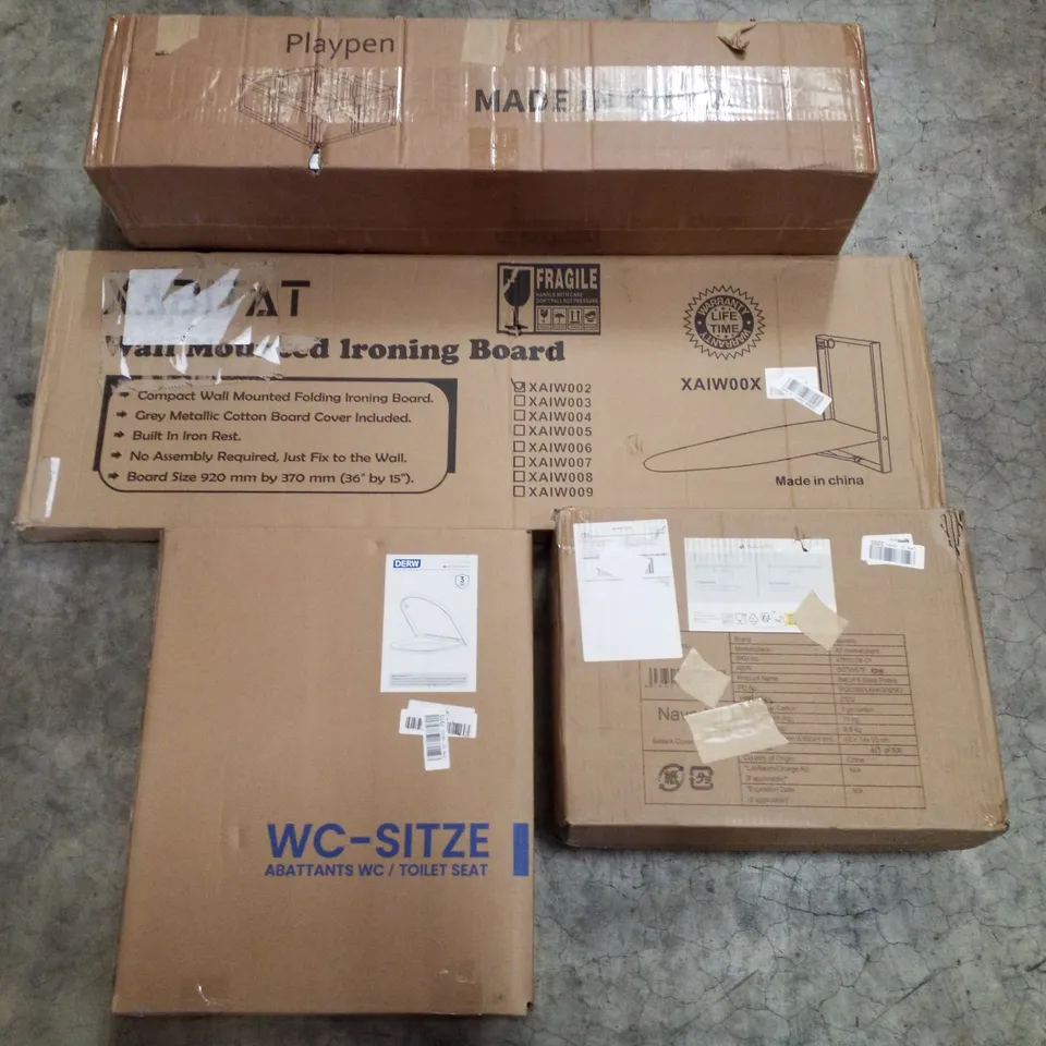 PALLET CONTAINING ASSORTED PRODUCTS INCLUDING PLAYPEN, WALL MOUNTED IRONING BOARD, TOILET SEAT & 6 SLATE SERVING PLATES
