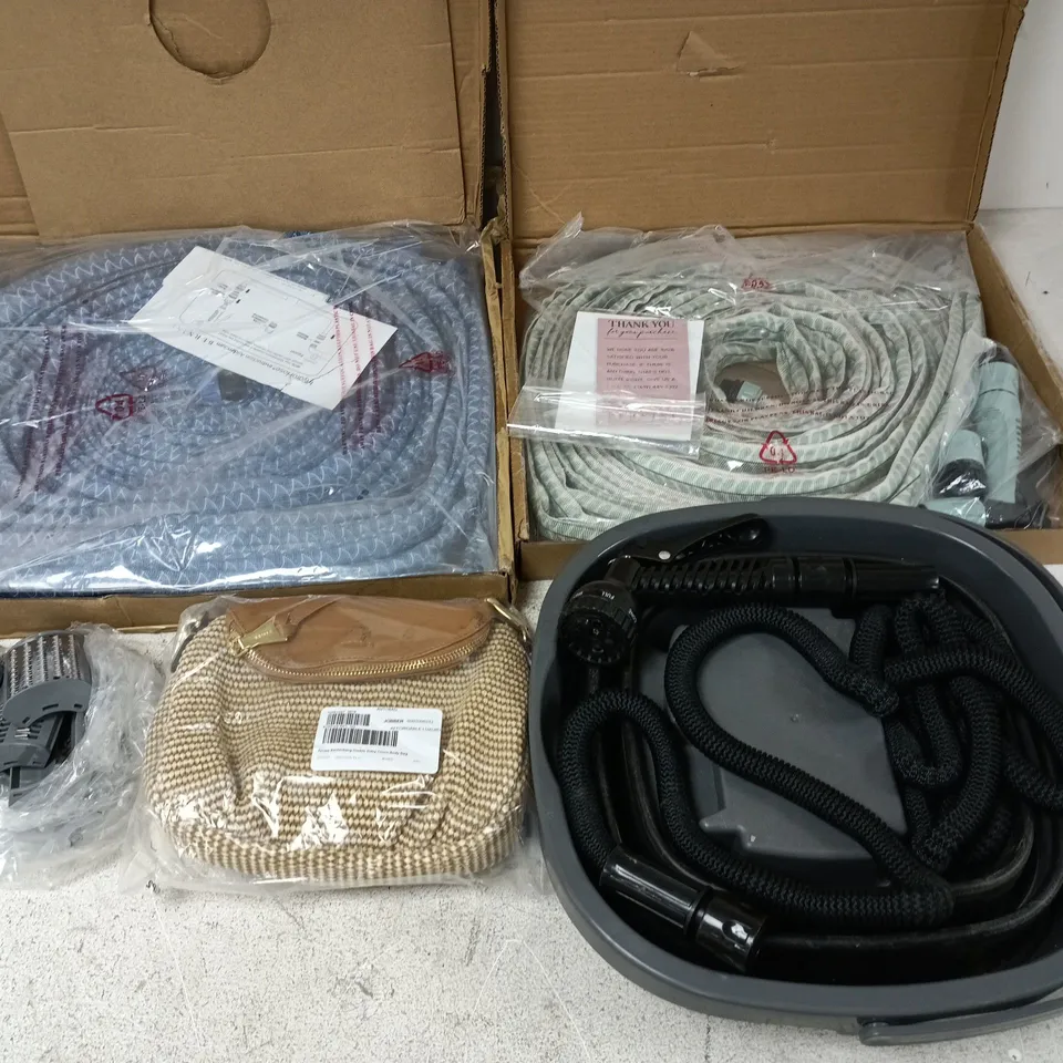 LOT OF 5 ASSORTED HOUSEHOLD ITEMS TO INCLUDE BERNINI HYDROHOSE, AIMEE KESTENBERG HANDBAG AND EXPANDING BUCKET
