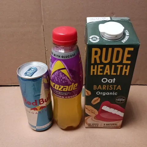 APPROXIMATELY 10 ASSORTED DRINK PRODUCTS TO INCLUDE OAT DRINKS, RED BULL, LUCOZADE ETC