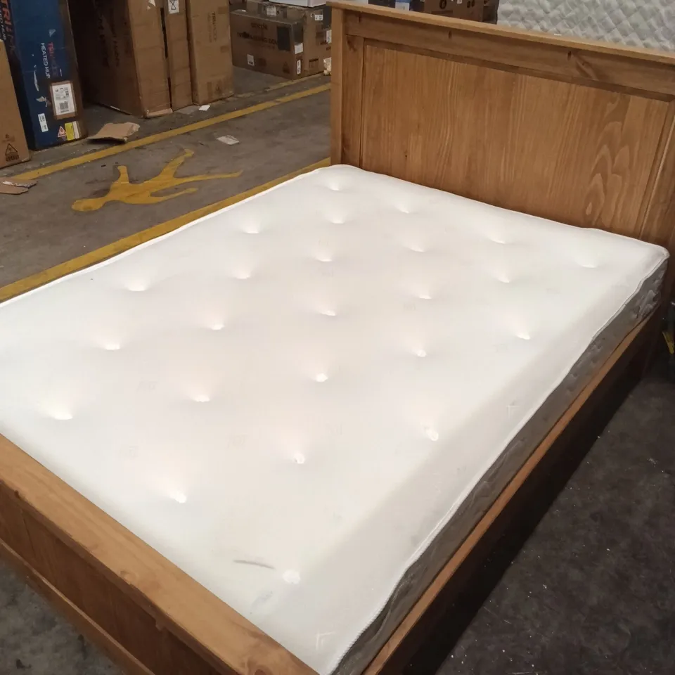 WOODEN BEDFRAME APPROXIMATELY 200 X 149 CM & MATTRESS 188 X 138 CM