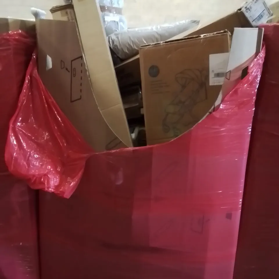 PALLET CONTAINING VARIOUS ASSORTED BOXED HOUSEHOLD ITEMS TO INCLUDE: GARDEN PARASOLS, OFFICE CHAIR, KIDS PUSHCHAIR,  AND LOTS MORE UNMARKED BOXED ITEMS 