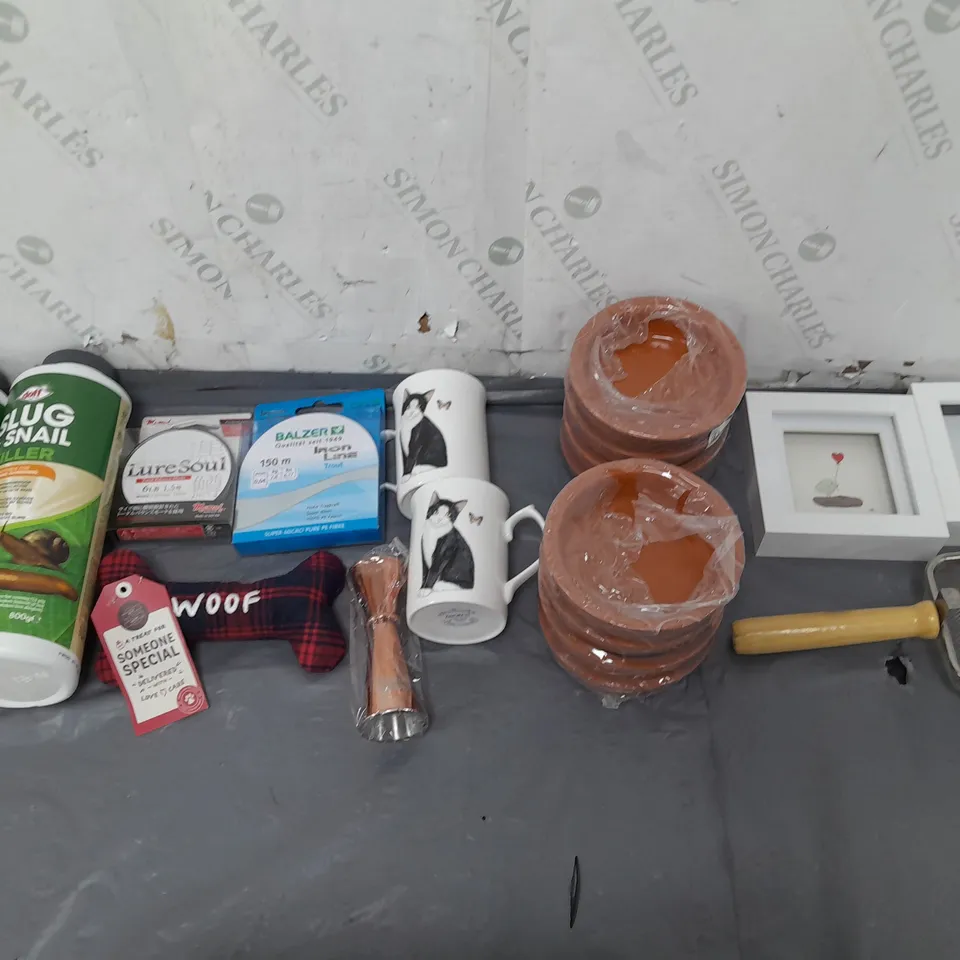 TOTE OF APPROX 10 HOUSEHOLD ITEMS TOO INCLUDE SLUG AND SNAIL KILLER, DOG TOYS, CAT MUGS, AND IRON LINE TROUT ETC. 