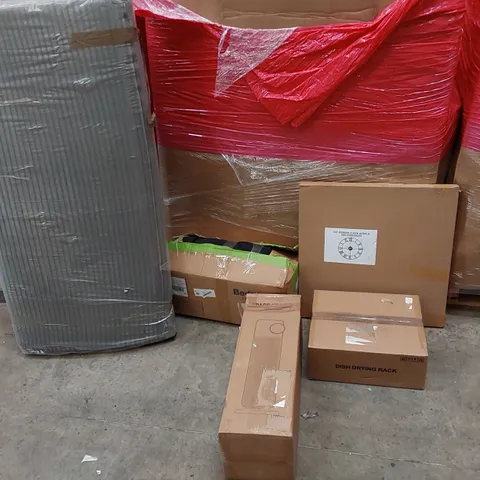 PALLET OF ASSORTED ITEMS INCLUDING: SPACE HEATER, PET BED, FOLDING MATTRESS, DISH DRYING RACK. DIY ROMAN CLOCK ACRYLIC
